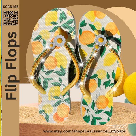 Crystal Bling Lemon Flip Flops, Handmade Embellishments, Beach Sandals, Size 7 - Picture 14 of 14